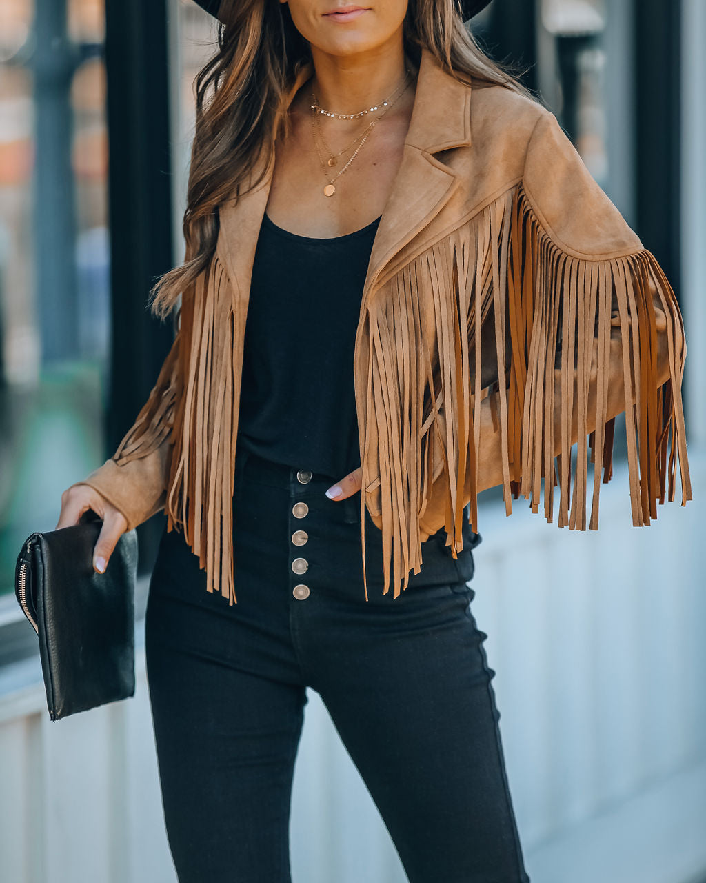 Walford Cropped Fringe Faux Suede Jacket - Camel