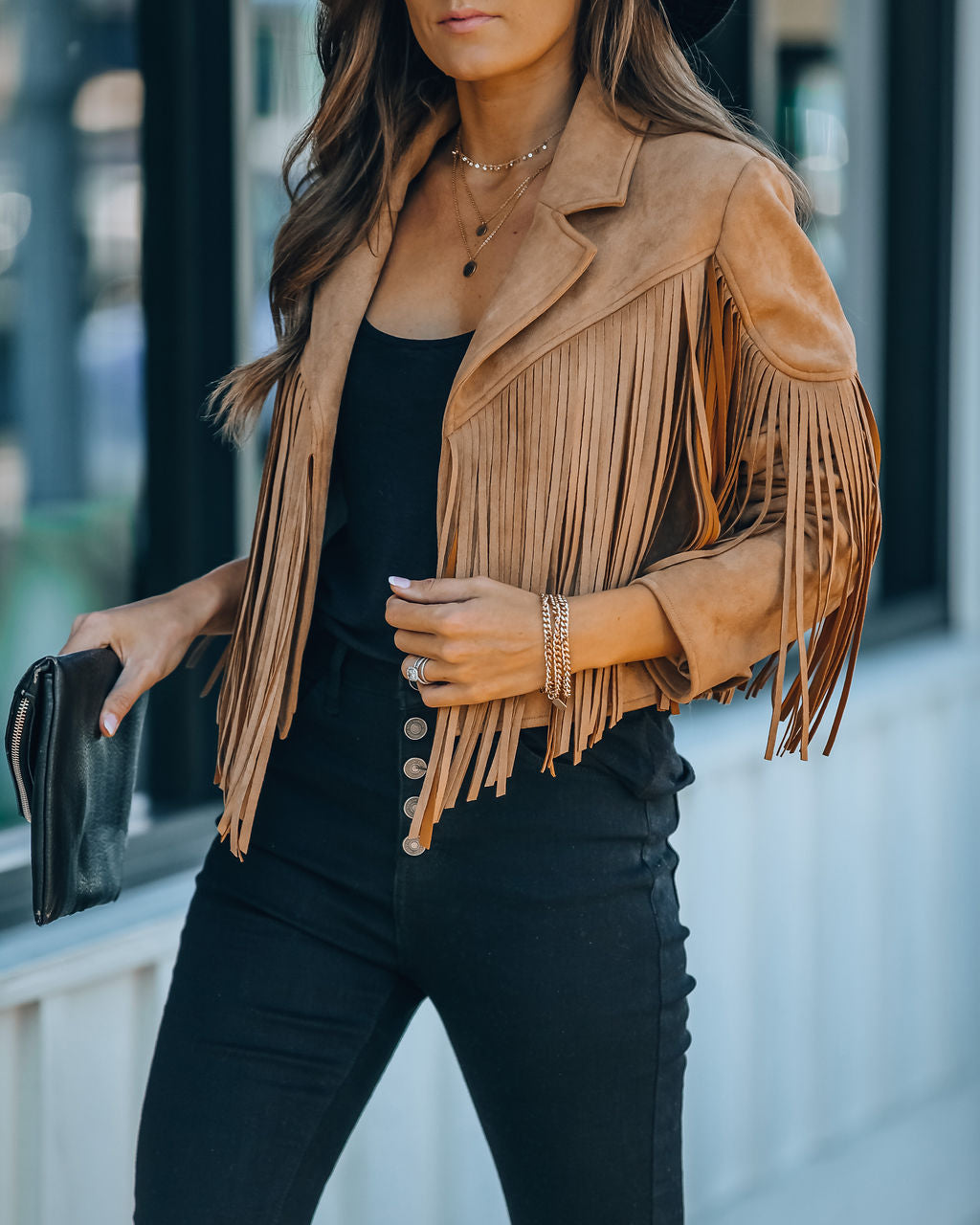 Walford Cropped Fringe Faux Suede Jacket - Camel