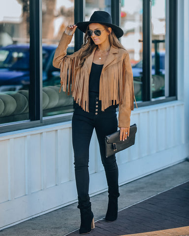 Walford Cropped Fringe Faux Suede Jacket - Camel