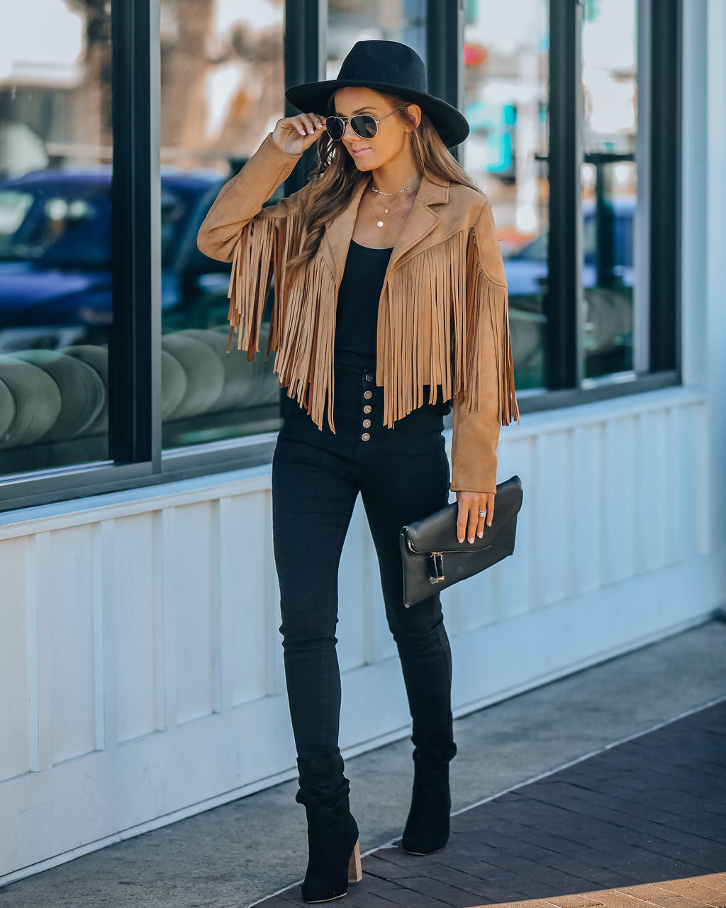 Walford Cropped Fringe Faux Suede Jacket - Camel