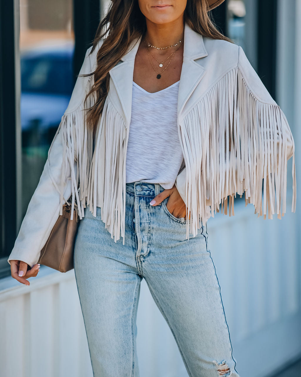 Walford Cropped Fringe Faux Suede Jacket - Sand