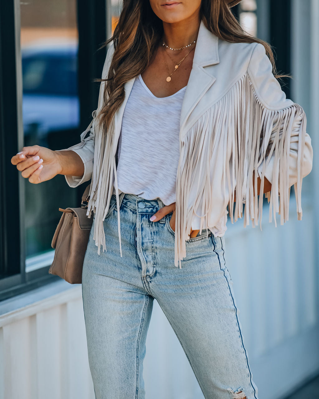 Walford Cropped Fringe Faux Suede Jacket - Sand