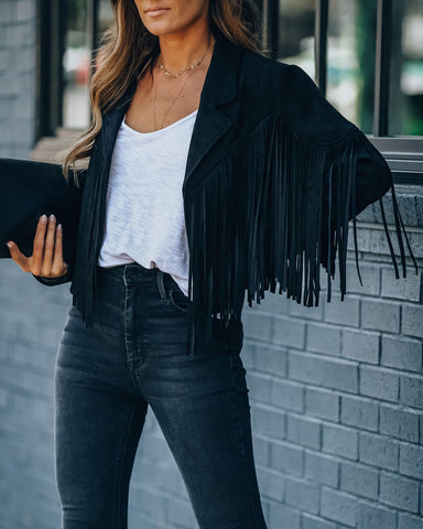 Walford Cropped Fringe Faux Suede Jacket - Black