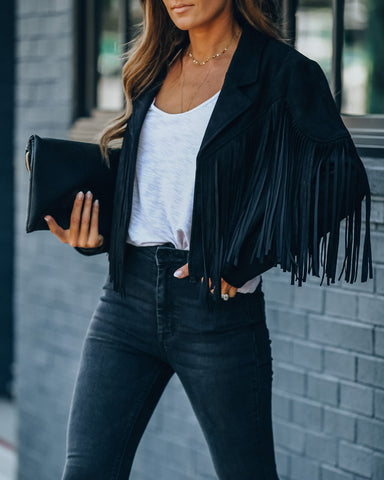 Walford Cropped Fringe Faux Suede Jacket - Black