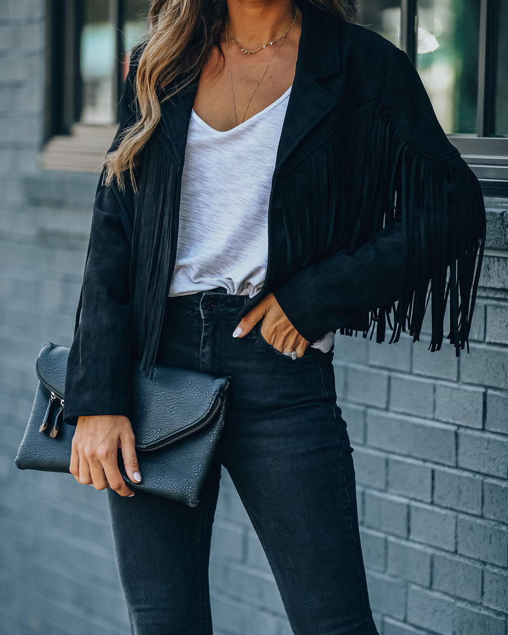 Walford Cropped Fringe Faux Suede Jacket - Black