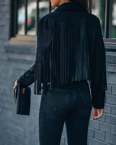 Walford Cropped Fringe Faux Suede Jacket - Black