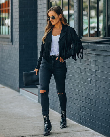 Walford Cropped Fringe Faux Suede Jacket - Black