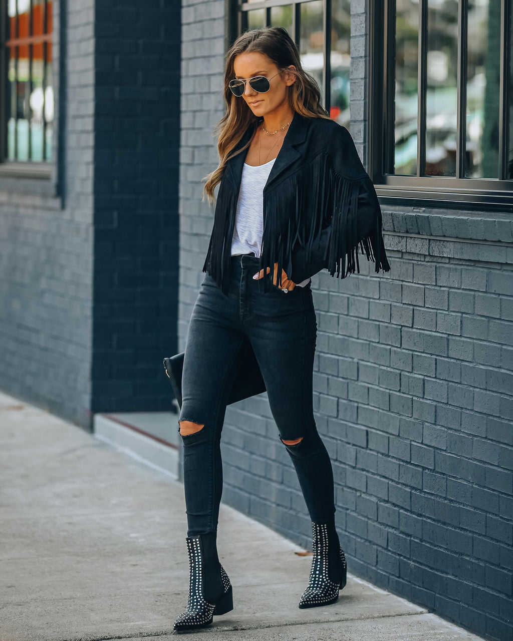 Walford Cropped Fringe Faux Suede Jacket - Black