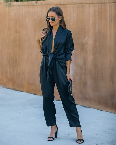 Silvie Pocketed Satin Tie Front Jumpsuit