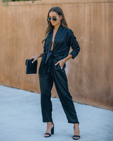 Silvie Pocketed Satin Tie Front Jumpsuit