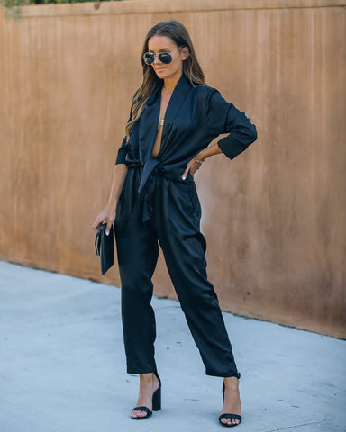 Silvie Pocketed Satin Tie Front Jumpsuit