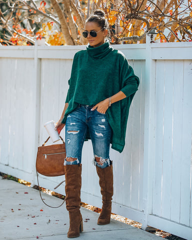 Silent Snowfall Cowl Neck Sweater - Hunter Green