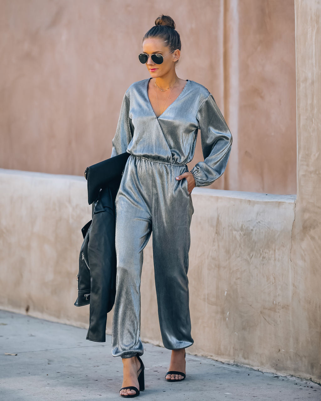 That's A Wrap Pocketed Plisse Jumpsuit - Silver