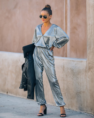 That's A Wrap Pocketed Plisse Jumpsuit - Silver