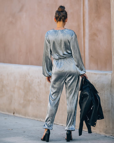 That's A Wrap Pocketed Plisse Jumpsuit - Silver