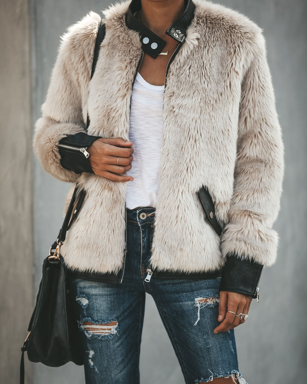 Vanity Faux Fur Leather Trim Pocketed Jacket