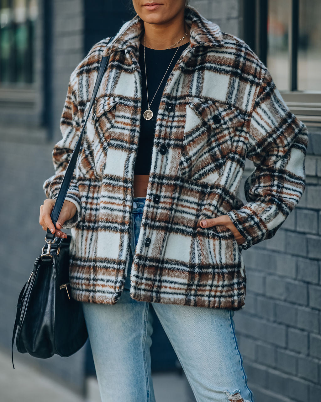 Woodwork Pocketed Sherpa Lined Plaid Shacket