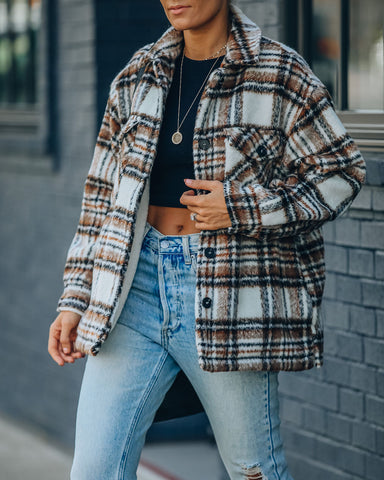 Woodwork Pocketed Sherpa Lined Plaid Shacket