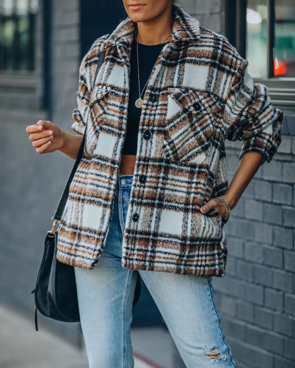Woodwork Pocketed Sherpa Lined Plaid Shacket