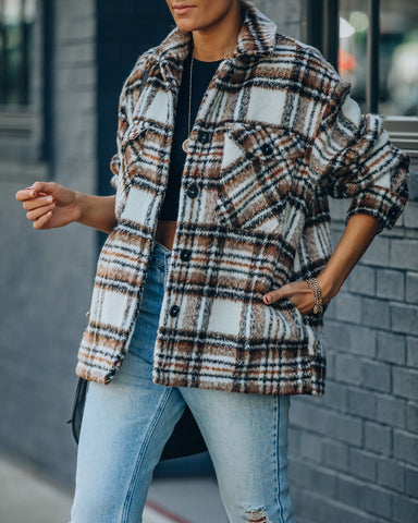 Woodwork Pocketed Sherpa Lined Plaid Shacket