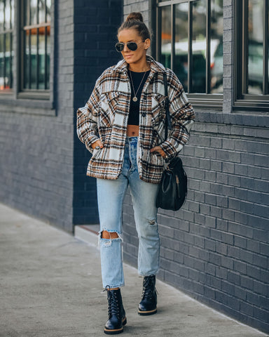 Woodwork Pocketed Sherpa Lined Plaid Shacket