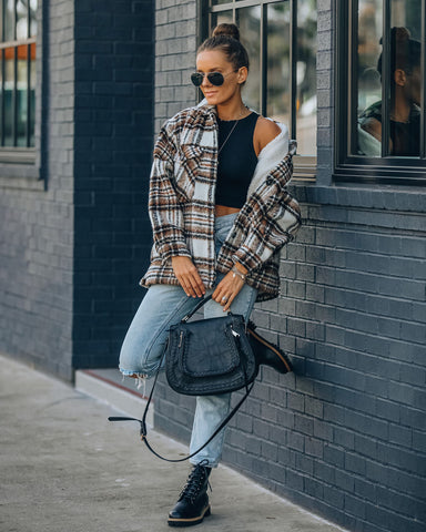 Woodwork Pocketed Sherpa Lined Plaid Shacket