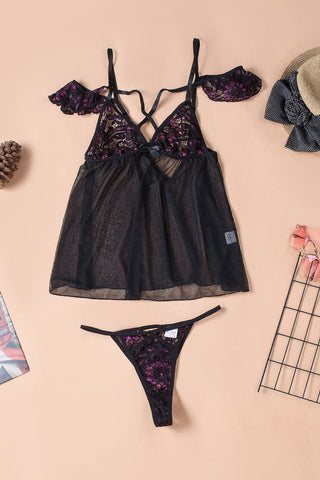 Schwarzes Babydoll-Set aus Spitzennetz