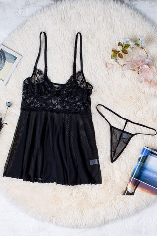 Black Lace Bra tulle Splicing Babydoll