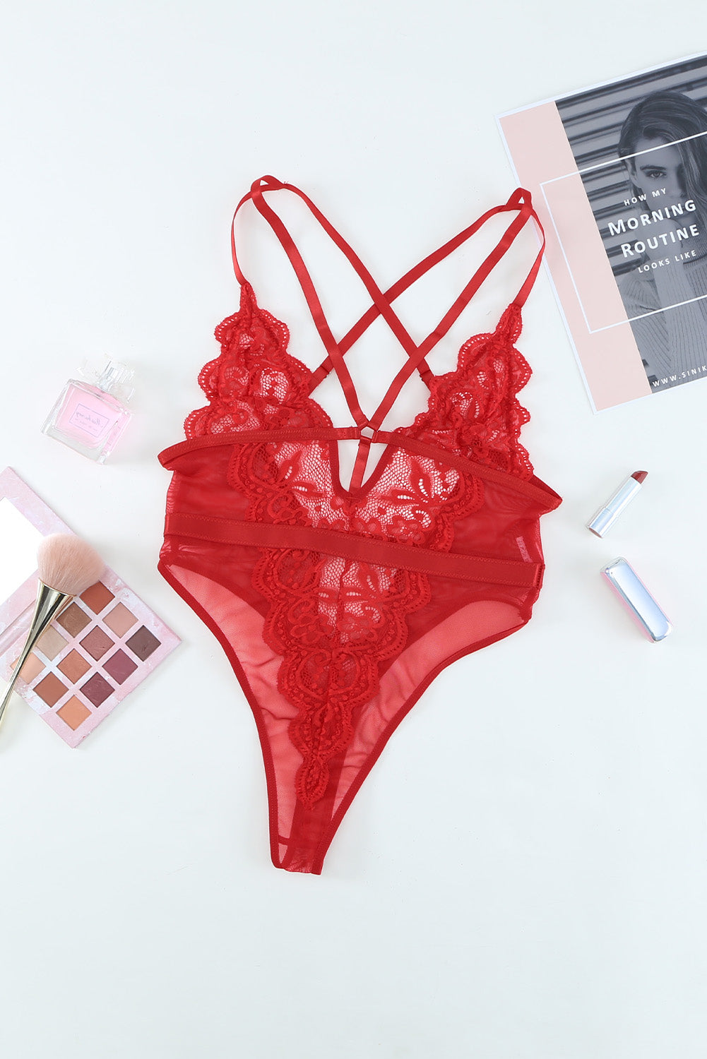 Red Lace High Leg Teddy Lingerie