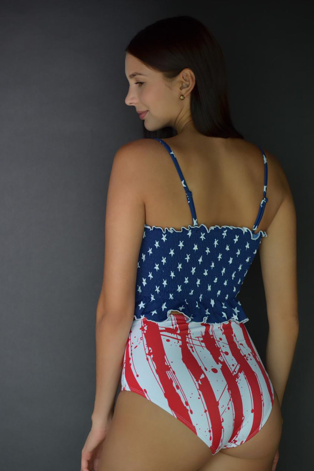 Flag Print High Waist Printed Bandeau Smocked Bikini Set