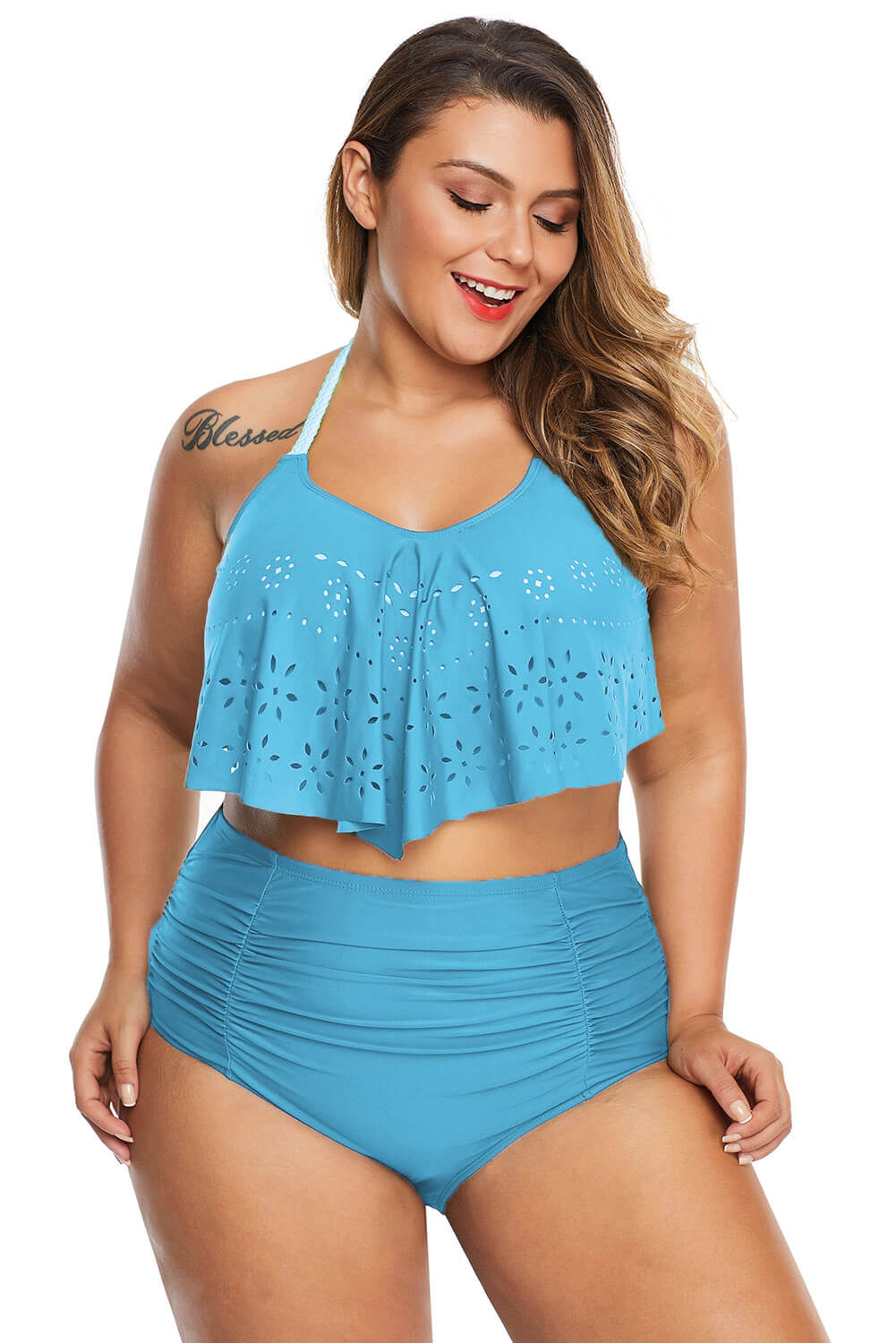 Sky Blue Allure Juniors Laser Cut Plus Size Flounce Swimwear