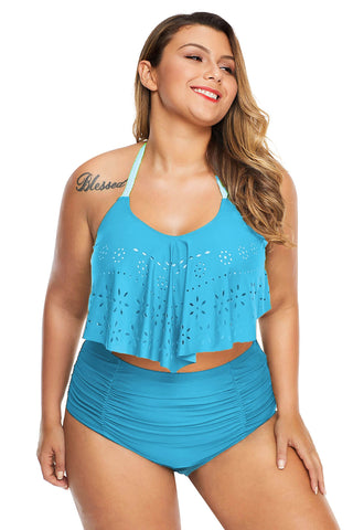 Sky Blue Allure Juniors Laser Cut Plus Size Flounce Swimwear