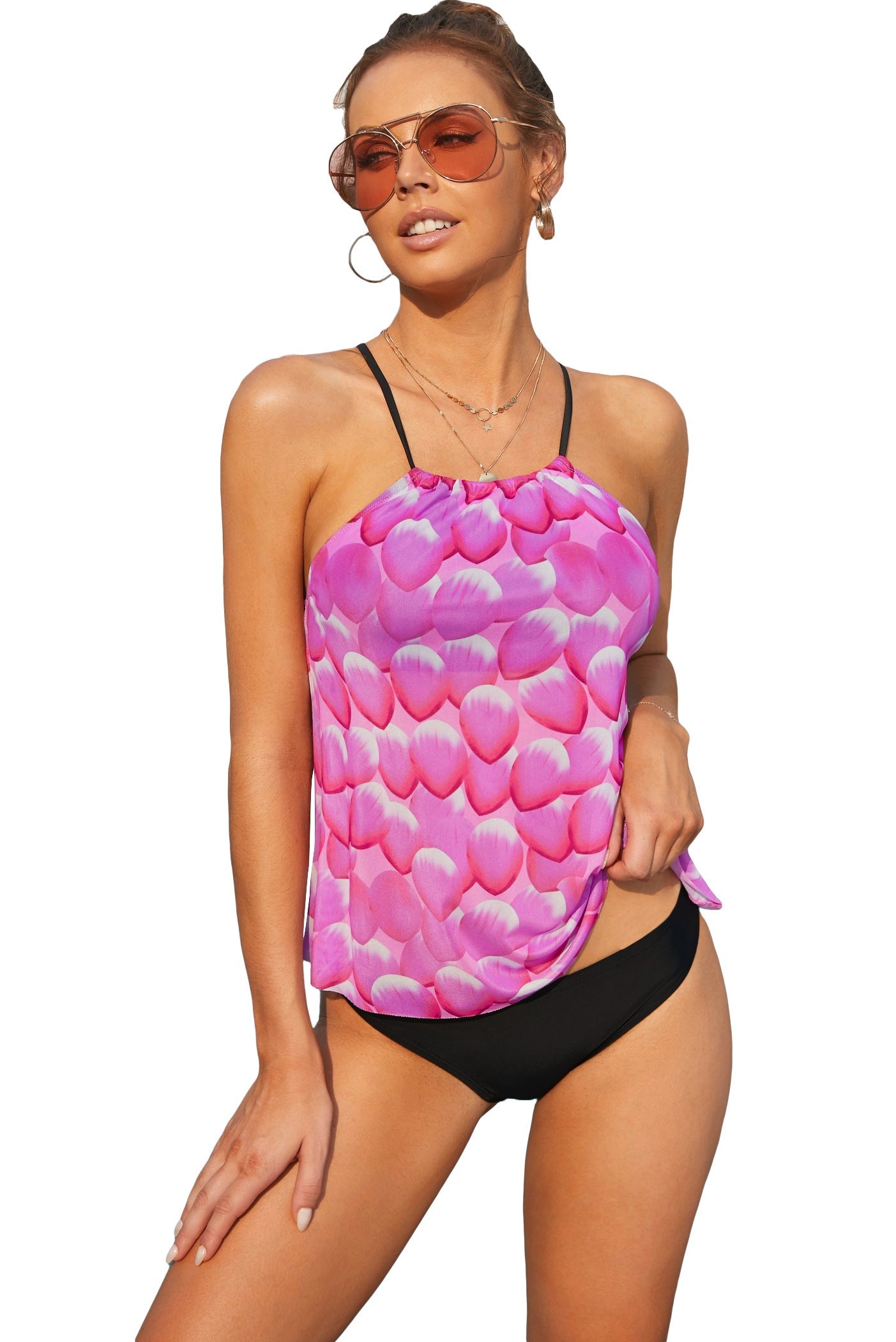 Cute Rose Mesh Petal Print Top Tankini Swimsuit