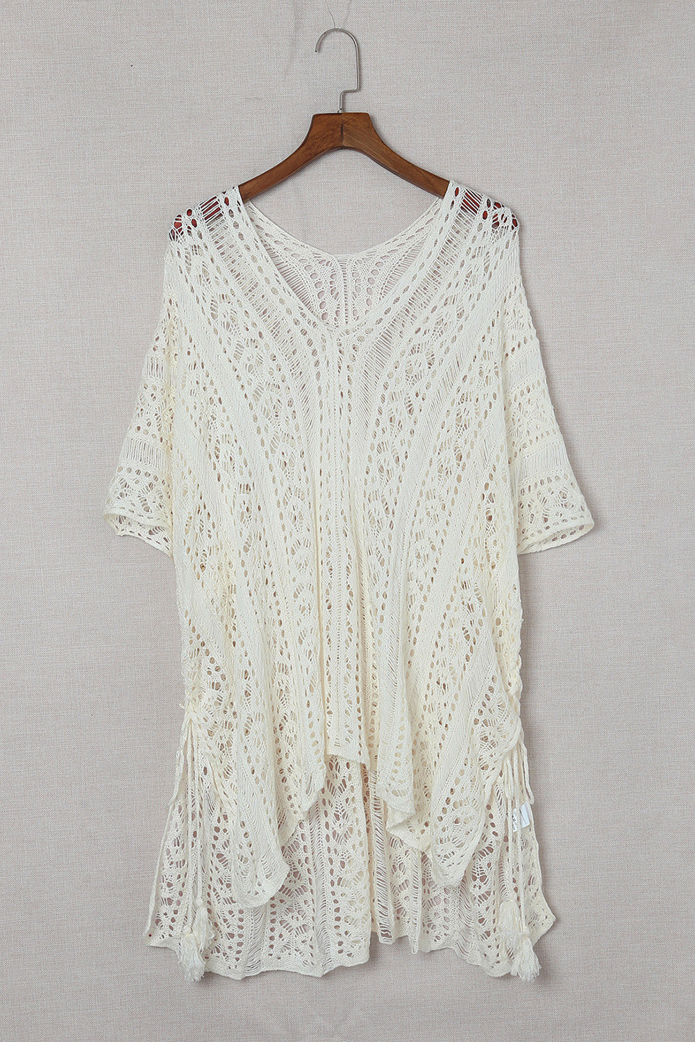 White Crochet Knitted Tassel Tie Kimono Beachwear