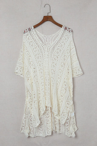 White Crochet Knitted Tassel Tie Kimono Beachwear