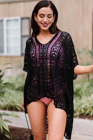 Black Crochet Knitted Tassel Tie Kimono Beachwear