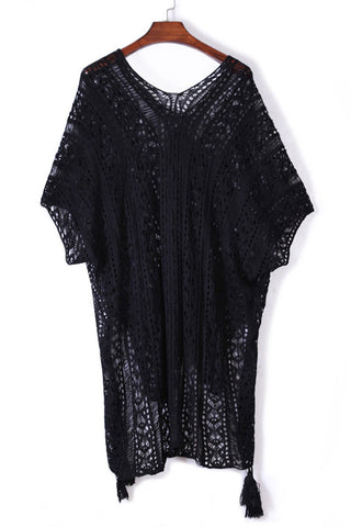 Black Crochet Knitted Tassel Tie Kimono Beachwear