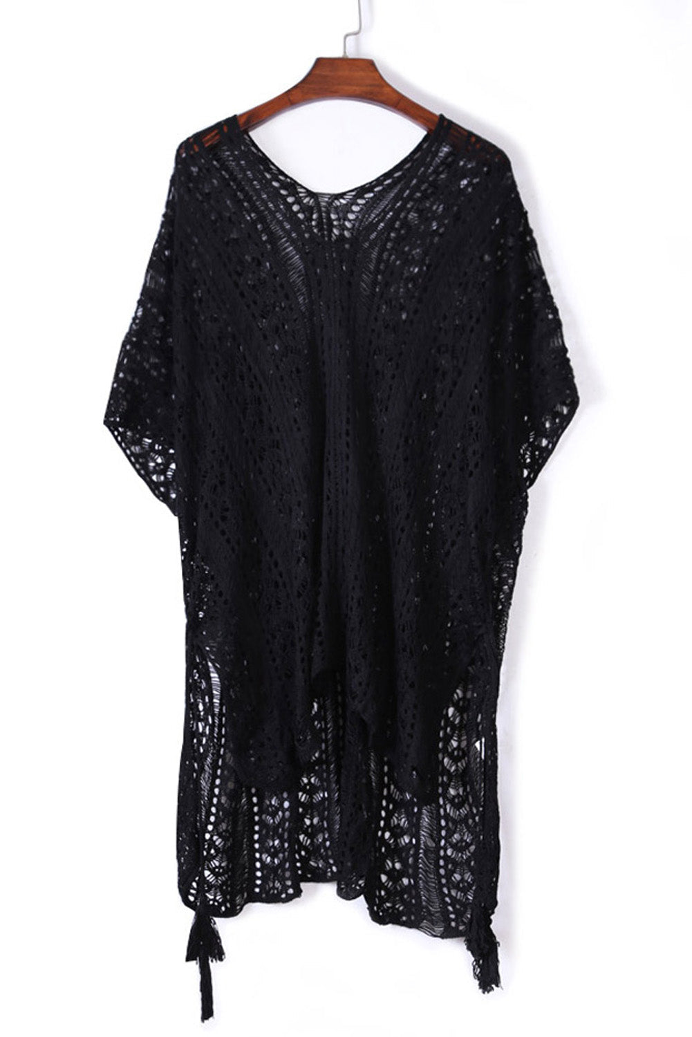 Black Crochet Knitted Tassel Tie Kimono Beachwear