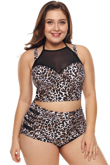 Leopard Print Plus Size Halter Push up Lattice Mesh Swim Bikini Set