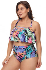 Multicolored Strappy Plus Size High Waist Swimwear