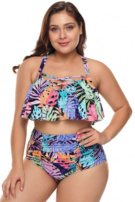 Multicolored Strappy Plus Size High Waist Swimwear