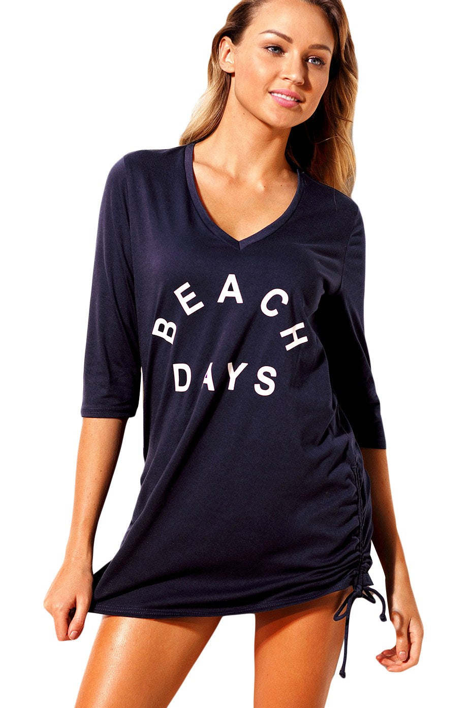 Navy Ruched Tie Side V Neck Beach Cover Up