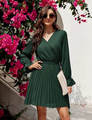 Slow Dance Satin Wrap Dress - Hunter Green