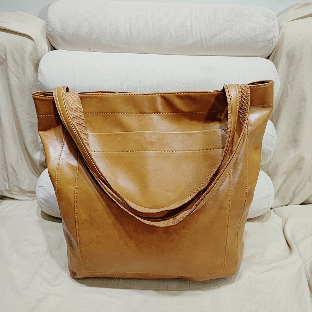 soft leather  with pocket retro oil wax leather large capacity  tote bag