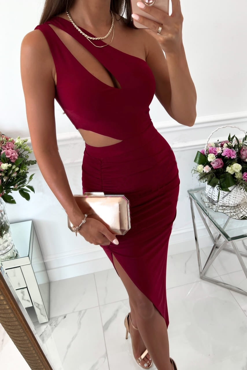 Spicy One Shoulder Cutout Midi Dress - Red