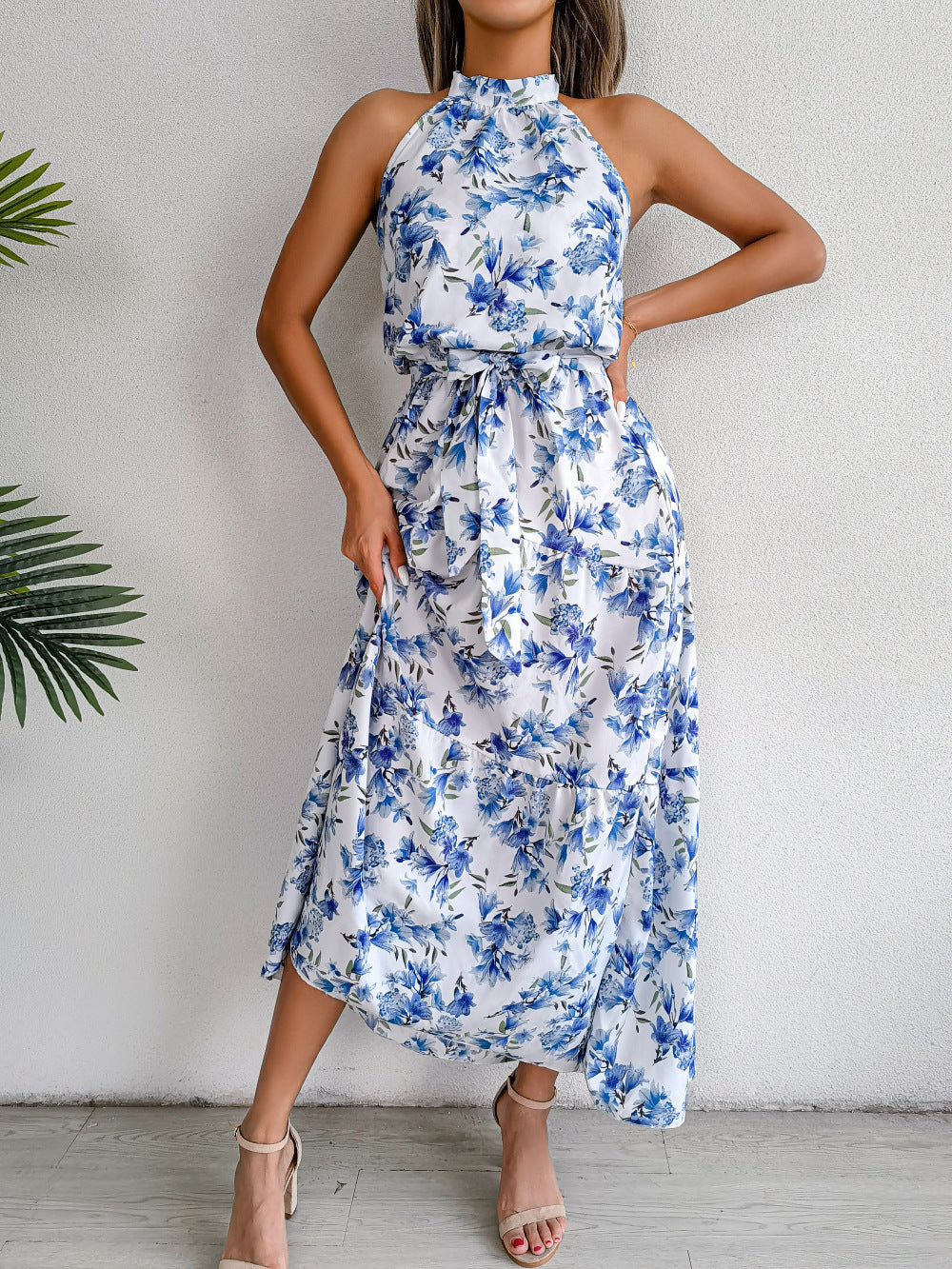 Sure Thing Floral Chiffon Halter Maxi Dress - Blue