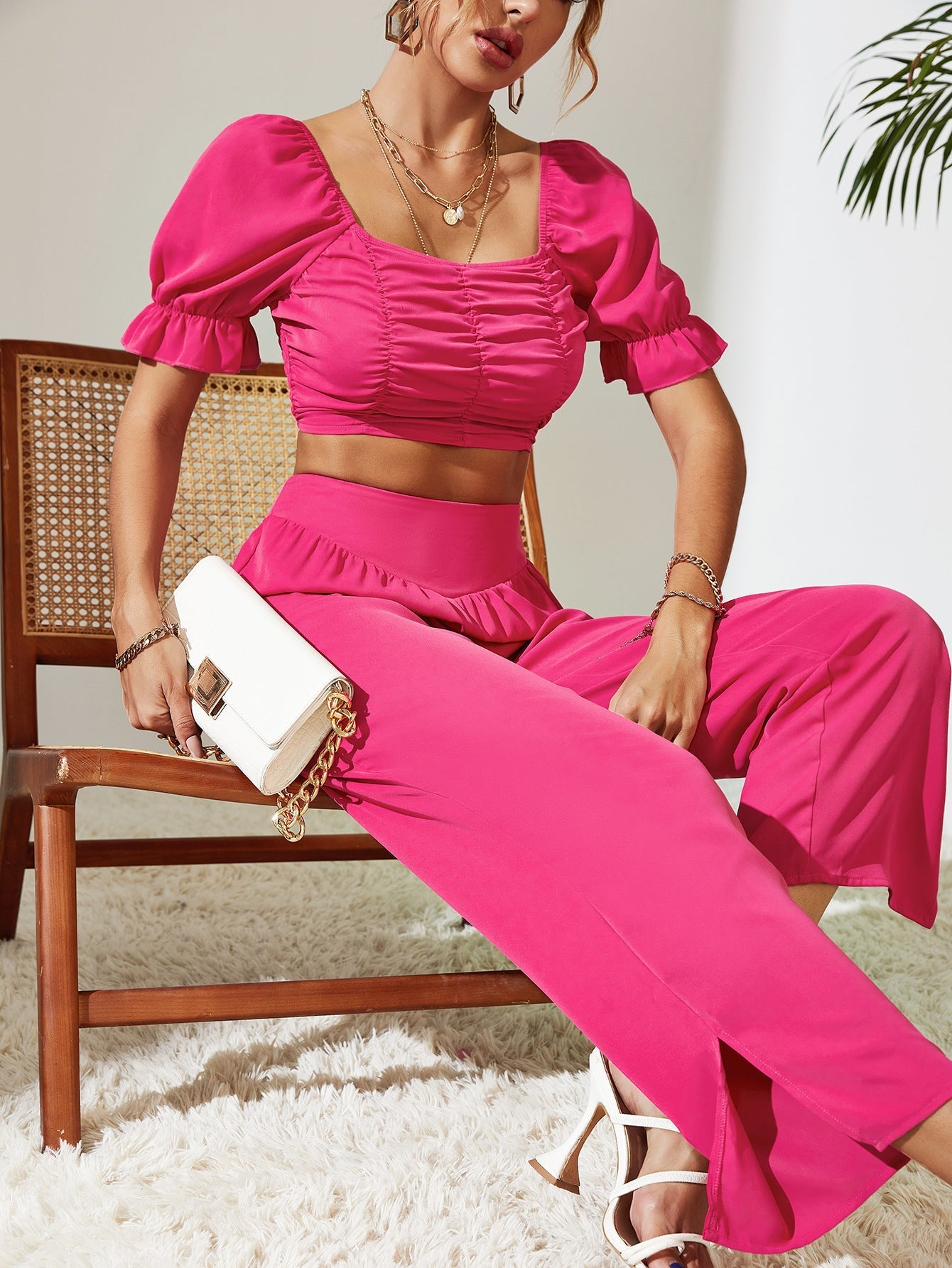 Solid Color Short Sleeve Trousers Two Piece Set