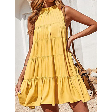 Southern Nights Tiered Halter Dress - Lemon