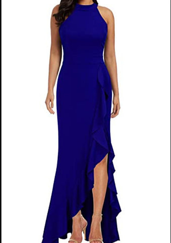 Sunlit Soiree Satin High Low Ruffle Maxi Dress - Cobalt Blue