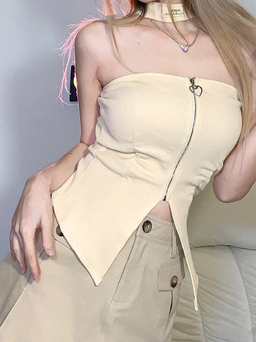 Solid Color Slim Word Collar Hanging Neck Zipper Vest